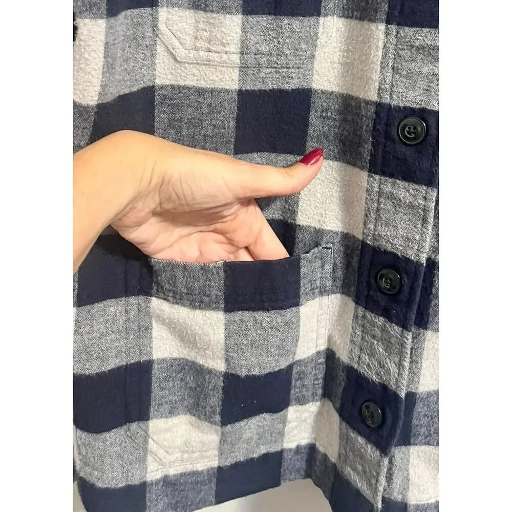 L.L. Bean Signature Chamois Shirt-Jacket Shacket Navy White Plaid Womens L